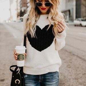 Cozy Heart Crewneck Sweater - Cream/Black
